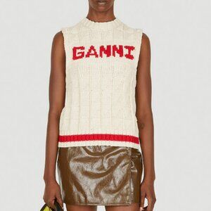Ganni Cream and Red Letter Sweater Vest